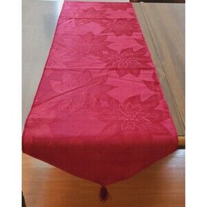 Jacquard Poinsettia Table Runner Deep Red Cotton/Poly Tassels 68x13.5" Christmas